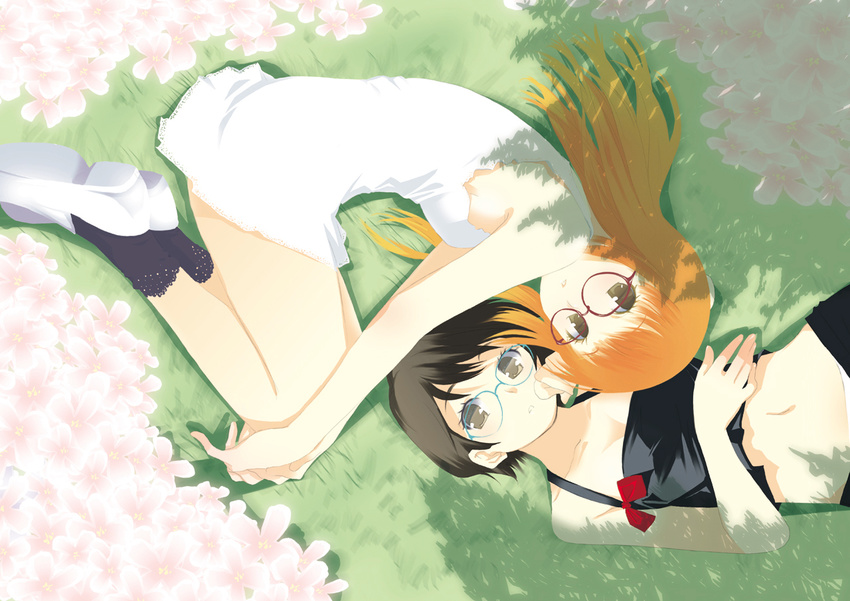 flower glasses lying midriff multiple_girls navel original otomo_megane short_hair