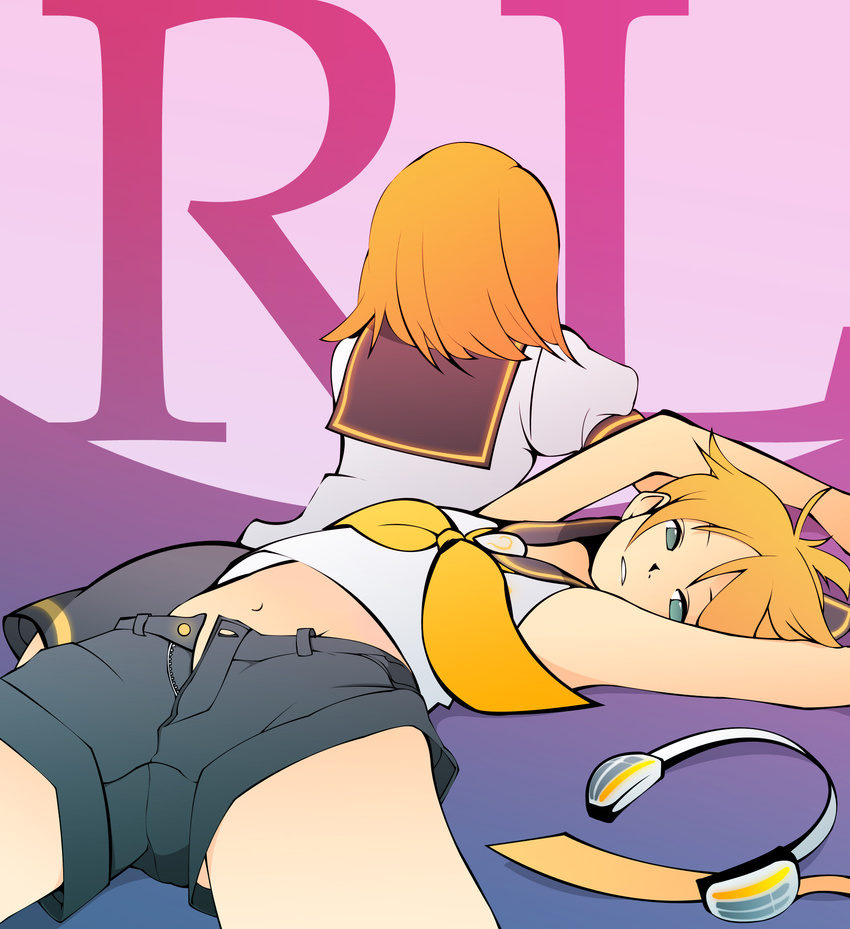 1girl bad_id bad_pixiv_id blonde_hair blue_eyes brother_and_sister crossdressing hero_(dka) highres kagamine_len kagamine_rin lying on_back short_hair shorts siblings sitting twins vocaloid