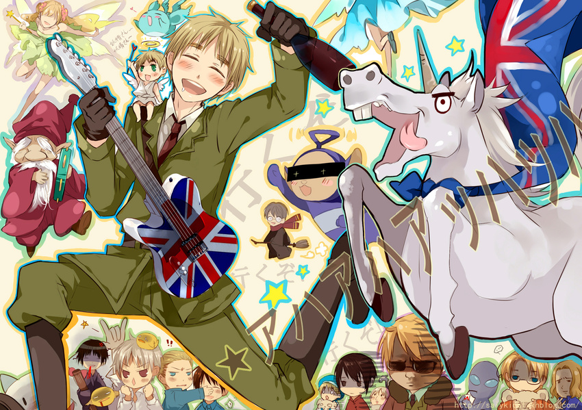 1girl 6+boys alcohol alien america_(hetalia) axis_powers_hetalia blush boots bottle broom canada_(hetalia) covering_eyes drunk embarrassed eyebrows fairy flag flag_print flying france_(hetalia) germany_(hetalia) gloves guitar halo happy harry_james_potter harry_potter hong_kong_(hetalia) instrument japan_(hetalia) kumajirou_(hetalia) military military_uniform multiple_boys northern_italy_(hetalia) patriotism print_guitar prussia_(hetalia) russia_(hetalia) saiyki scarf sealand_(hetalia) star surprised tambourine telecaster teletubbies tinky_winky tongue tony_(hetalia) unicorn uniform union_jack united_kingdom united_kingdom_(hetalia) wand wizard