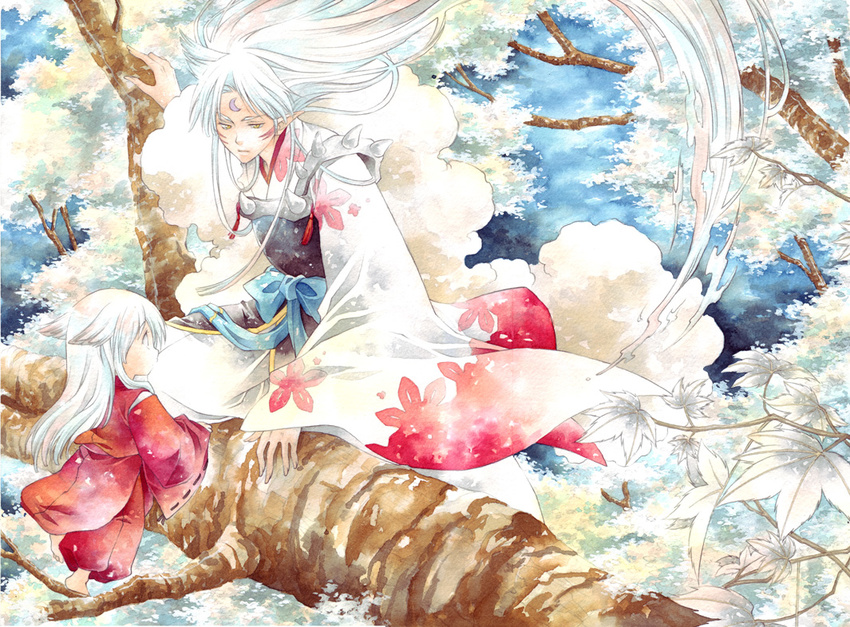 animal_ears brothers child crescent dog_ears flower fur inuyasha inuyasha_(character) japanese_clothes kimono long_hair male_focus multiple_boys obi pointy_ears pui_(sakanapuchi) sash sesshoumaru siblings traditional_media tree very_long_hair watercolor_(medium) white_hair younger