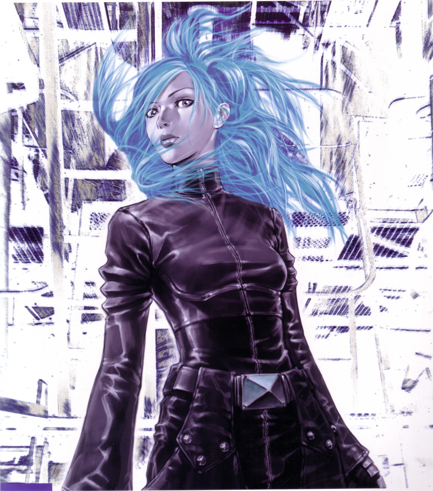 artbook artist_request belt blue_hair blue_skin chaps cropped_jacket full-length_zipper highres kula_diamond lips long_hair official_art realistic scan solo the_king_of_fighters wind zipper