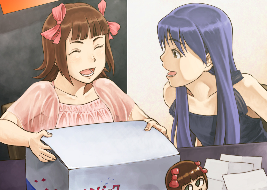 amami_haruka blue_hair box brown_eyes brown_hair chiaki_rakutarou closed_eyes commentary_request hair_ribbon idolmaster idolmaster_(classic) imai_asami kisaragi_chihaya long_hair multiple_girls nakamura_eriko nonowa open_mouth ribbon seiyuu_connection short_hair smile