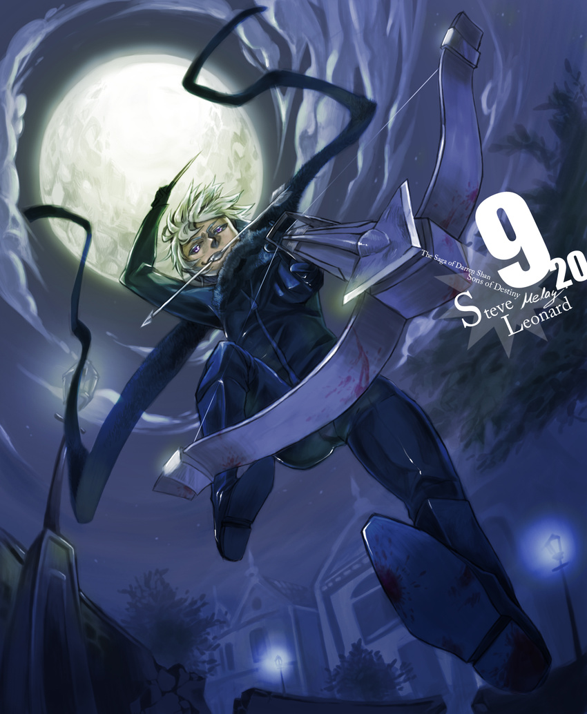 aiming_at_viewer arm_up arrow bayonet belt blonde_hair boots bow_(weapon) building_block character_name crossbow evil_smile from_below full_body full_moon fur_trim highres male_focus melay_(khrssc) moon mouth_hold night night_sky scarf sky smile solo steve_leonard the_saga_of_darren_shan tree weapon