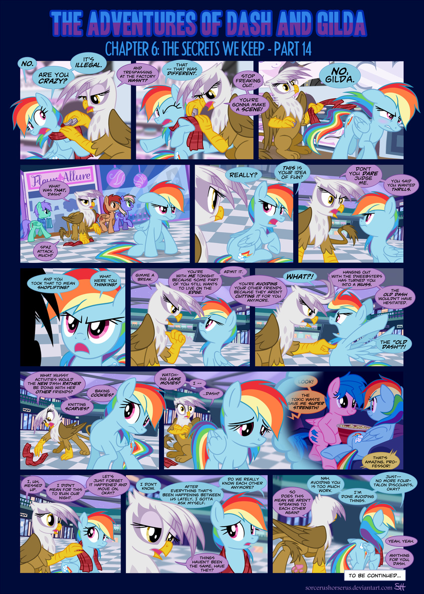 avian blue_hair cutie_mark dialog english_text equine female firefly_(mlp) friendship_is_magic gilda_(mlp) gryphon hair mall mammal multi-colored_hair my_little_pony pegasus purple_eyes rainbow_dash_(mlp) rainbow_hair scarf sorcerushorserus text wings yellow_eyes