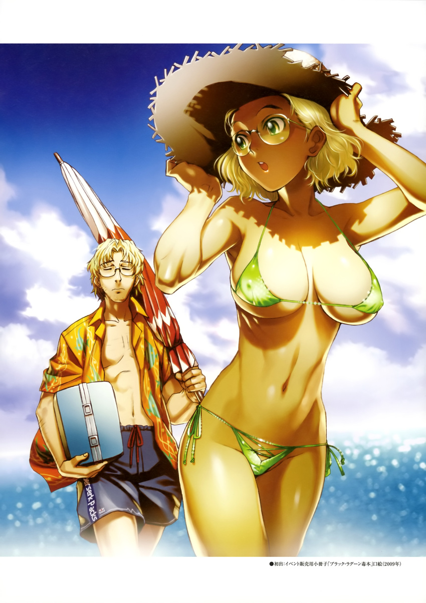 1boy 1girl :o absurdres agua-verde beach_umbrella benny benny_(black_lagoon) bikini black_lagoon blonde_hair breasts cleavage closed_umbrella cloud couple erect_nipples facial_hair glasses green_bikini green_eyes hat hawaiian_shirt hetero highres hiroe_rei huge_breasts janet_bhai large_breasts looking micro_bikini navel nipples official_art open_clothes open_shirt parasol rimless_glasses shiny shiny_skin shirt short_hair shorts side-tie_bikini sky stubble sun_hat swimsuit tan umbrella underboob