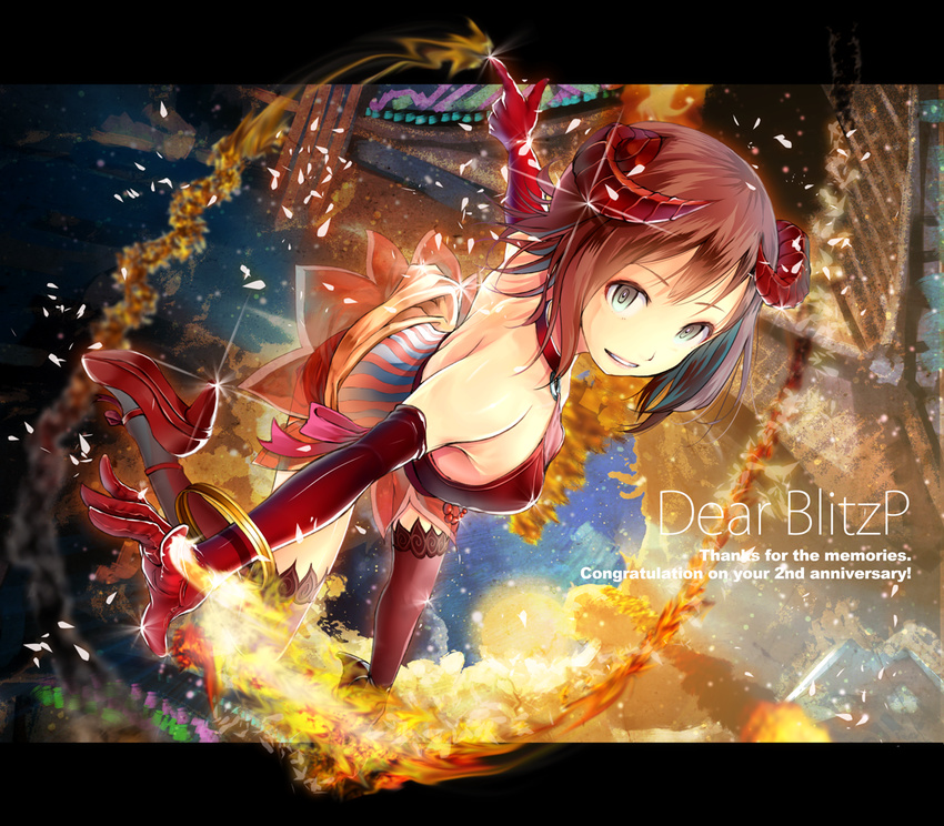 amami_haruka aqua_eyes bare_shoulders brown_hair elbow_gloves gloves horns idolmaster idolmaster_(classic) outstretched_arms red_gloves red_legwear short_hair solo spread_arms standing standing_on_one_leg thighhighs yae_(mono110)