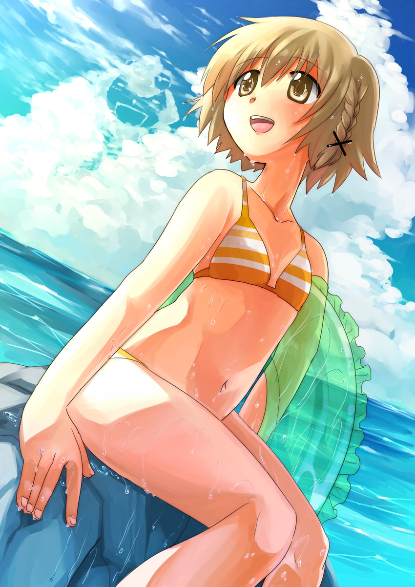 :d bikini braid brown_eyes brown_hair cloud collarbone day dutch_angle hair_ornament hairclip hidamari_sketch highres innertube navel ocean open_mouth outdoors rock short_hair sitting sky smile solo striped striped_bikini swimsuit ume-sensei water wet when_you_see_it yuno yuri-0609