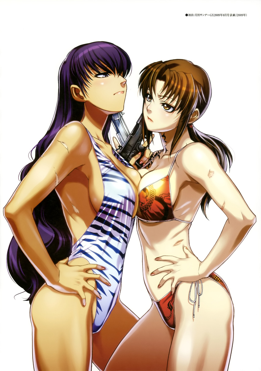 2girls absurdres agua-verde bikini black_lagoon bra breast_press breasts brown_eyes brown_hair dark_skin eye_contact gun handgun hands_on_hips highres hiroe_rei large_breasts legs looking_at_another multiple_girls navel official_art panties pistol ponytail purple_eyes purple_hair red_eyes revy revy_(black_lagoon) roberta roberta_(black_lagoon) scar sideboob simple_background standing swimsuit tattoo thighs underwear weapon white_background