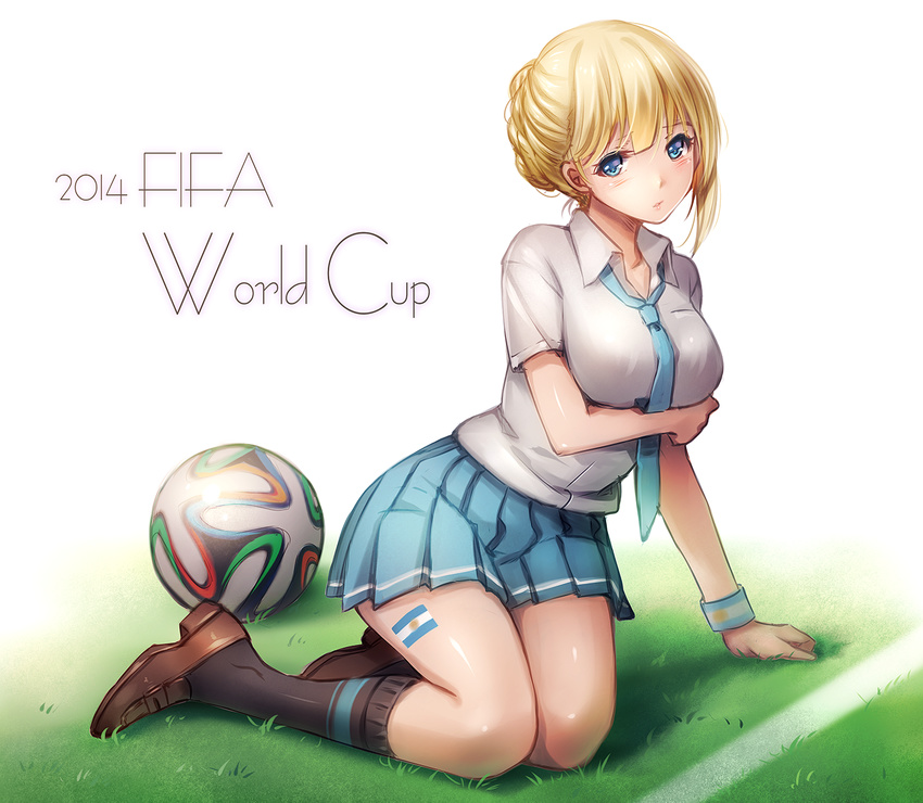 2014 2014_fifa_world_cup argentina arm_support ball black_legwear blonde_hair blue_eyes blush brazuca breast_hold breasts dress_shirt english full_body grass highres kneehighs large_breasts loafers loose_necktie necktie number original parted_lips pleated_skirt school_uniform shirt shoes short_hair short_sleeves skirt soccer soccer_ball soccer_field solo tattoo tidsean white_background world_cup wristband