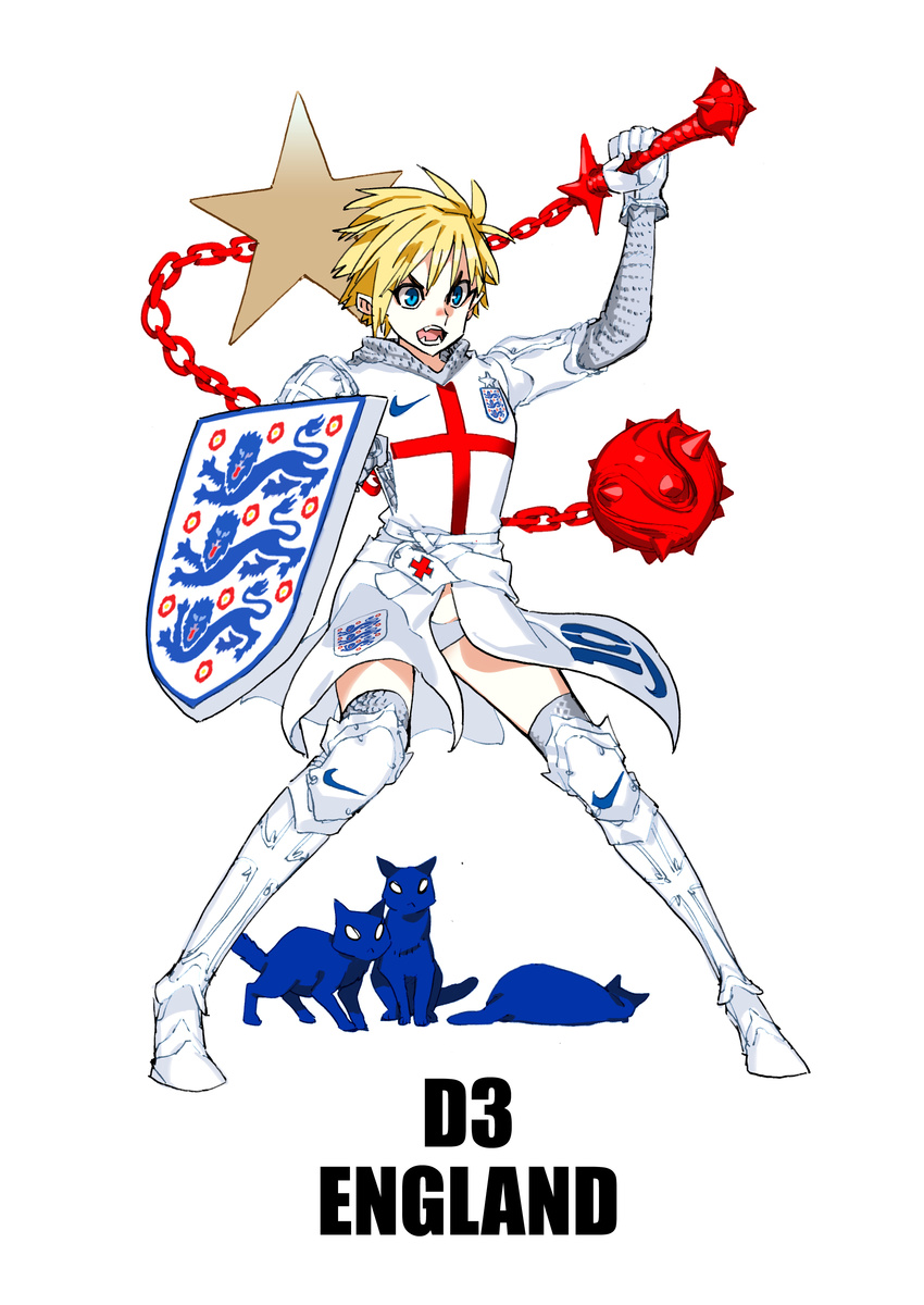 2014_fifa_world_cup absurdres ball_and_chain blonde_hair blue_eyes cat chainmail daibajoujisan england highres knight nike original shield simple_background solo star weapon white_background world_cup