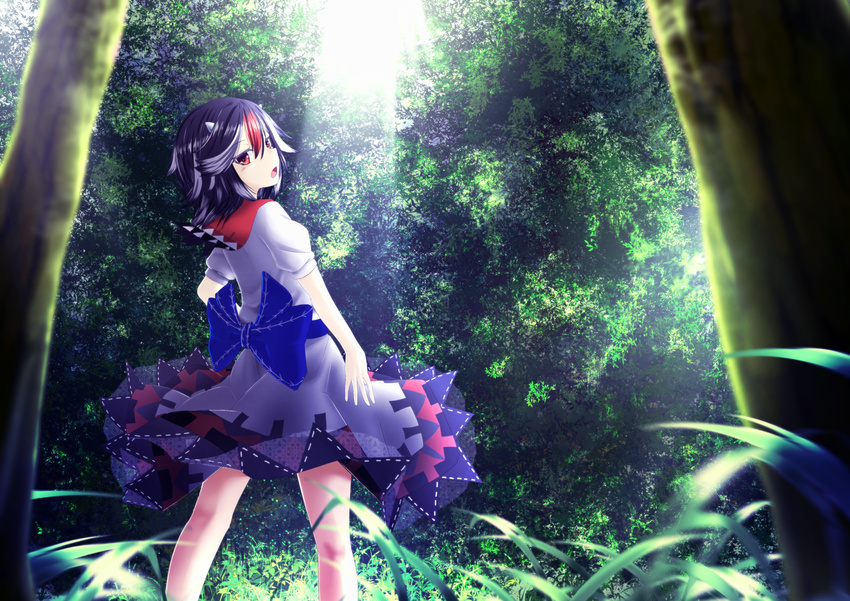 bad_id bad_pixiv_id black_hair blurry bow cowboy_shot day depth_of_field directional_arrow forest from_behind grass highres horns juji kijin_seija kneepits light_rays looking_at_viewer looking_back multicolored_hair nature open_mouth outdoors red_eyes red_hair short_hair short_sleeves skirt solo streaked_hair sunlight touhou tree white_hair