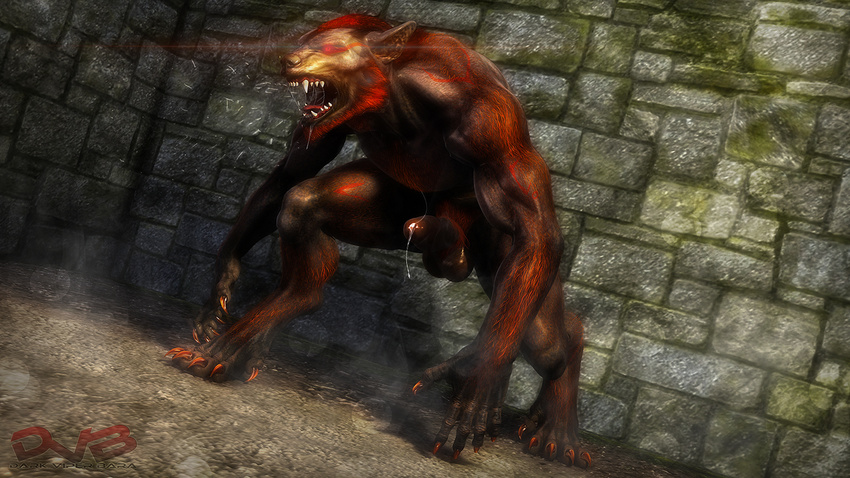 3d angry anthro balls biceps big_muscles brown_fur canine cgi crouching darkviper199027 dripping erection fangs fur glowing glowing_eyes leaking lens_flare male mammal muscles nude pecs penis precum pubes red_eyes red_fur saliva solo teeth were werewolf