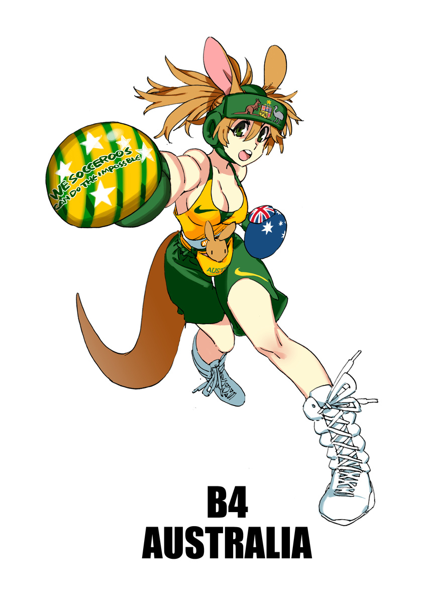 2014_fifa_world_cup absurdres australia boots boxing_gloves boxing_headgear breasts brown_hair cleavage coat_of_arms cross-laced_footwear crown daibajoujisan green_eyes highres kangaroo kangaroo_ears kangaroo_tail lace-up_boots large_breasts nike open_mouth original pouch punching shorts simple_background solo white_background world_cup
