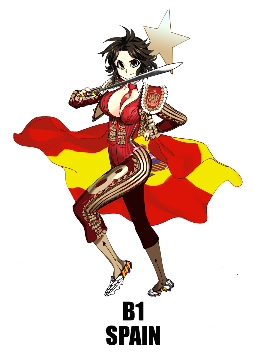 2014_fifa_world_cup absurdres between_breasts black_hair breasts cleats cleavage daibajoujisan flag highres large_breasts matador necktie necktie_between_breasts original red_neckwear simple_background smile solo spain spanish_flag star sword weapon white_background world_cup