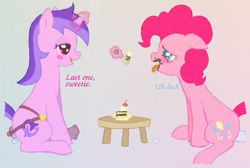 absurd_res blue_eyes blush cake cherry cutie_mark dialog dildo drooling duo english_text equine feeding female feral food fork friendship_is_magic fur hi_res horn horse lesbian magic mammal my_little_pony open_mouth penetration pink_fur pinkie_pie_(mlp) pony pussy_juice red_eyes saliva sea_swirl sex_toy smile strapon strapped_in_toy text unicorn world_map_xavior