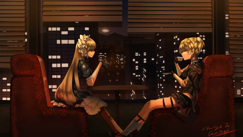 2girls absurdres bangs black_coat black_footwear black_gloves black_skirt blinds blonde_hair braid breasts changetofantasy cityscape closed_mouth cup dress drinking earrings eyebrows_visible_through_hair frills girls_frontline gloves green_eyes gun hair_ornament hairclip half-closed_eyes half_gloves hands_together highres holding holding_cup holding_saucer holster hoop_skirt indoors jacket_on_shoulders jewelry loafers long_hair looking_at_another maid_headdress medium_breasts miniskirt mismatched_legwear multiple_girls necktie night ppk_(girls_frontline) ribbon shirt shoes short_hair sidelocks signature single_thighhigh sitting skindentation skirt smile socks table teacup thigh_holster thigh_strap thighhighs twintails weapon welrod_mk2_(girls_frontline) white_legwear window yellow_eyes