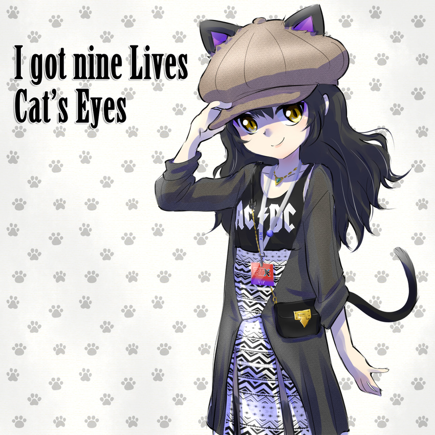 acdc animal_ears bag black_hair blake_belladonna cat_ears cat_tail handbag hat highres iesupa long_hair lyrics makeup paw_print roosterteeth rwby smile solo tail torn_clothes yellow_eyes