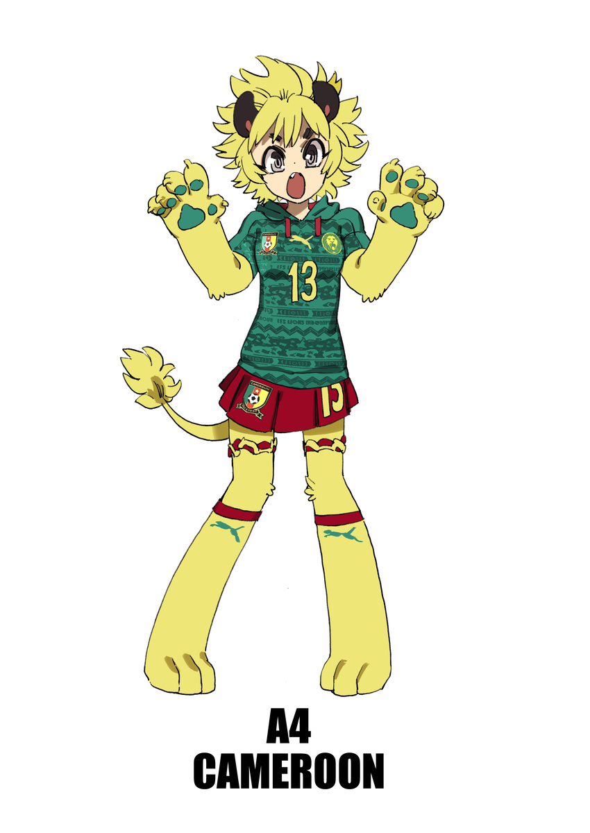 2014_fifa_world_cup absurdres animal_ears blonde_hair cameroon daibajoujisan fang highres hood hoodie lion_ears lion_girl lion_paw lion_tail open_mouth original pigeon-toed pleated_skirt short_hair simple_background skirt solo tail white_background world_cup