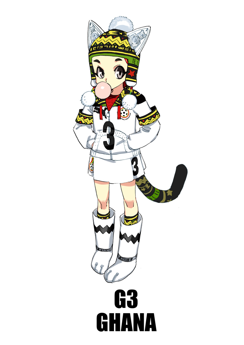 2014_fifa_world_cup absurdres animal_ears bubble_blowing cat_ears chewing_gum daibajoujisan full_body ghana grey_eyes hands_in_pockets hat highres original personification red_hair simple_background skirt solo standing tail white_background world_cup