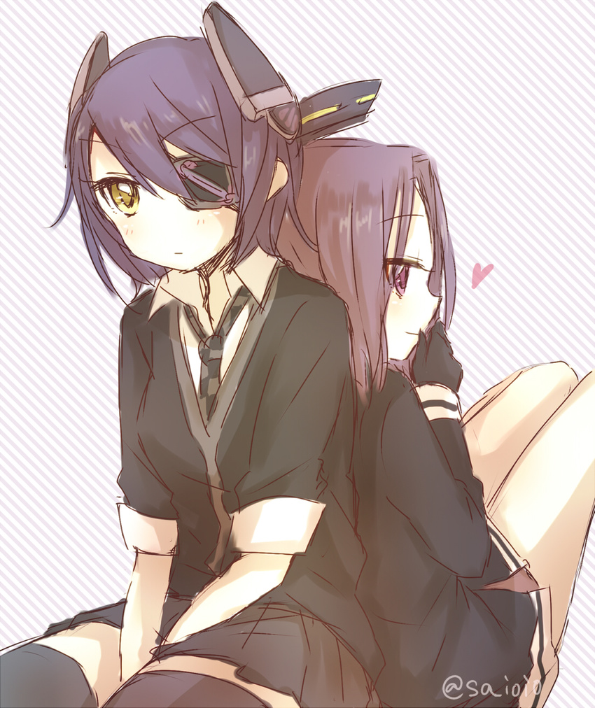 back-to-back black_gloves black_legwear cardigan eyepatch gloves heart highres kantai_collection knees_up long_sleeves mechanical_halo multiple_girls necktie purple_eyes purple_hair sa_ioio school_uniform short_hair sitting sleeves_rolled_up tatsuta_(kantai_collection) tenryuu_(kantai_collection) thighhighs twitter_username yellow_eyes zettai_ryouiki