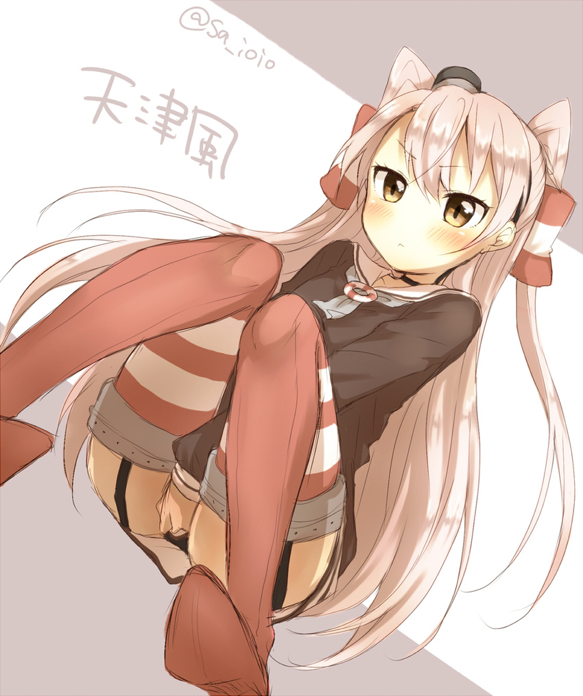:&lt; amatsukaze_(kantai_collection) blush brown_eyes character_name choker closed_mouth covering covering_crotch dress garter_straps grey_neckwear hair_tubes headgear highres kantai_collection long_hair looking_at_viewer neckerchief red_legwear sa_ioio sailor_collar sailor_dress silver_hair solo striped striped_legwear thighhighs twitter_username two_side_up v-shaped_eyebrows