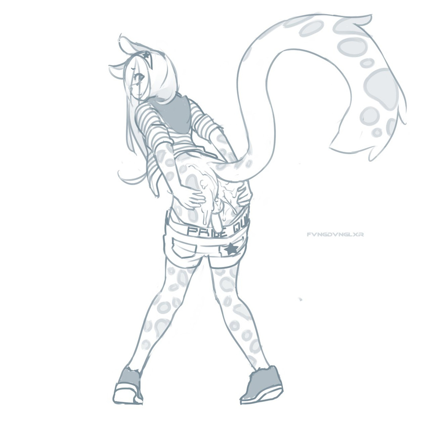 clothing cum fangdangler feline girly hair jacket leopard long_hair looking_at_viewer male mammal monochrome penis presenting_ass resine shorts sketch