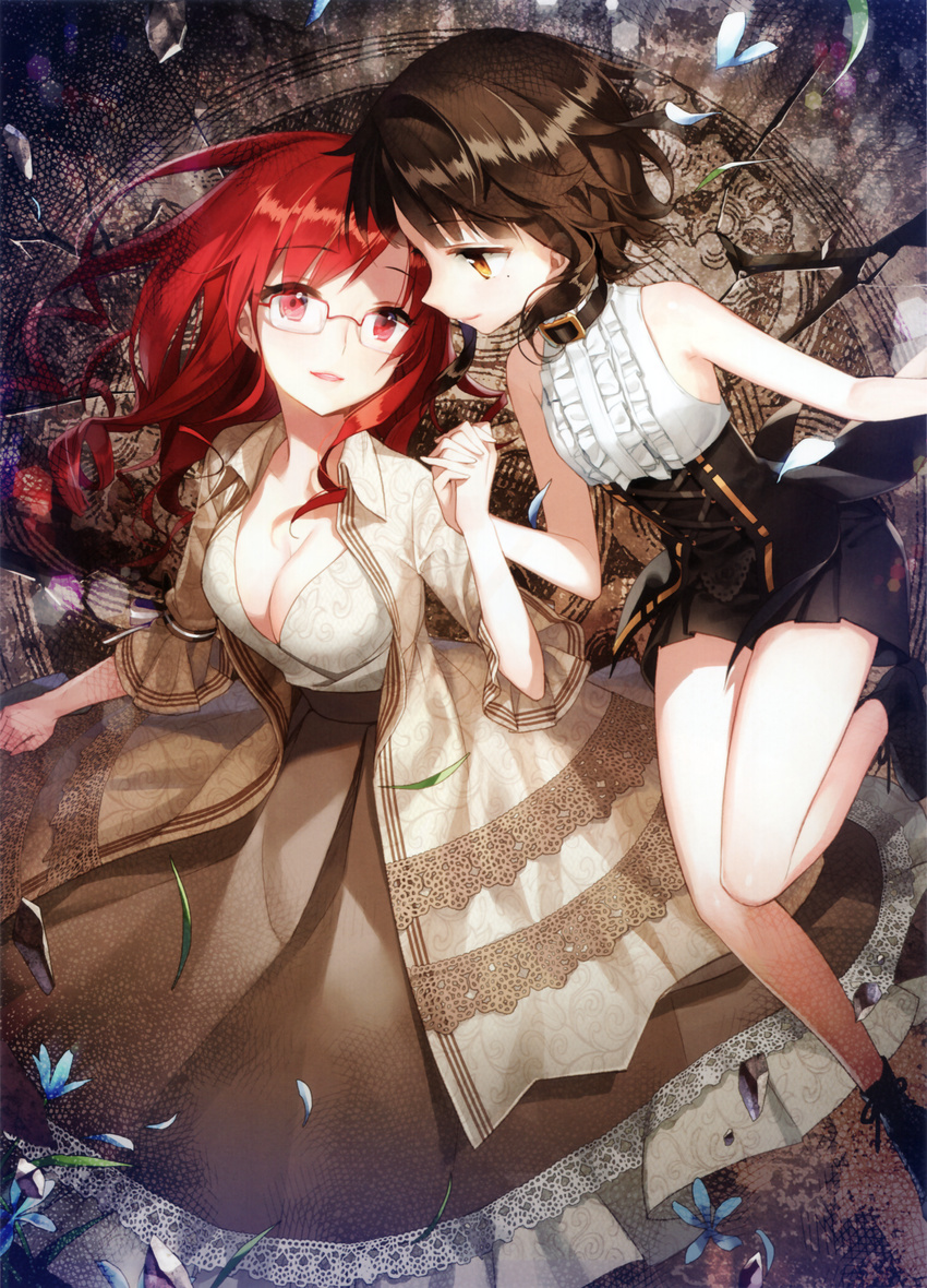 absurdres bare_shoulders breasts brown_hair choker cleavage corset couple dress drill_hair eye_contact flower frills highres holding_hands interlocked_fingers lace long_hair long_skirt looking_at_another medium_breasts miniskirt mole mole_under_eye multiple_girls open_mouth red_eyes red_hair salt_(salty) scan short_hair shorts sita_vilosa skirt sword_girls vernika_answer yellow_eyes yuri