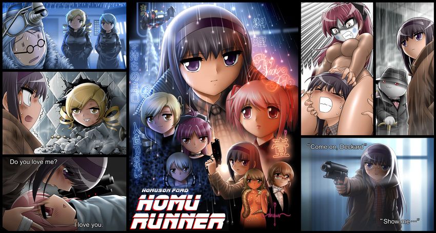 akemi_homura battle black_hair blade_runner blonde_hair blue_eyes blue_hair blush bow bowtie breasts cane character_request clenched_teeth closed_eyes collar cyberpunk drill_hair eldon_tyrell epic gaff_(blade_runner) glasses grin gun hair_ornament hairband hairclip hairpin handgun hands_in_pockets hannibal_chew imminent_kiss impossible_clothes injury j.f._sebastian kaname_madoka kyubey large_breasts leon_(blade_runner) leotard mahou_shoujo_madoka_magica miki_sayaka multiple_girls necktie nude open_mouth parody pink_eyes pink_hair pkd_blaster pris purple_eyes rachel_(blade_runner) rain replicant rick_deckard roy_batty sakura_kyouko science_fiction shingyouji_tatsuya shizuki_hitomi short_hair smile snake spinner spoilers sweat teeth tomoe_mami trait_connection twin_drills weapon yellow_eyes zhora