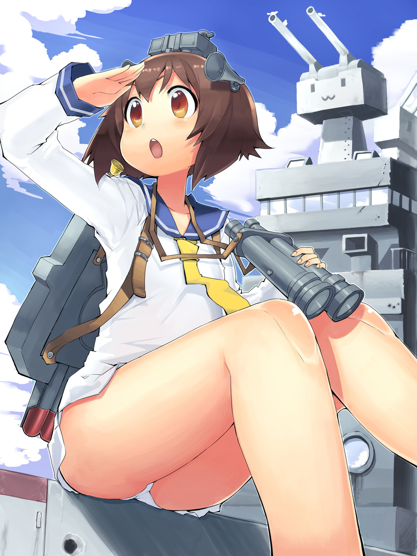 :3 :o absurdres angelo_(gomahangetsu) backpack bag bangs binoculars blue_sky blush brown_eyes brown_hair cannon cloud cloudy_sky day from_below hair_ornament hand_on_forehead headgear highres holding kantai_collection looking_afar machinery neckerchief necktie open_mouth panties rensouhou-chan sailor_collar sailor_shirt school_uniform serafuku ship shirt short_hair sitting sitting_on_object sky solo thighs turret underwear watercraft white_panties yellow_neckwear yukikaze_(kantai_collection) |_|