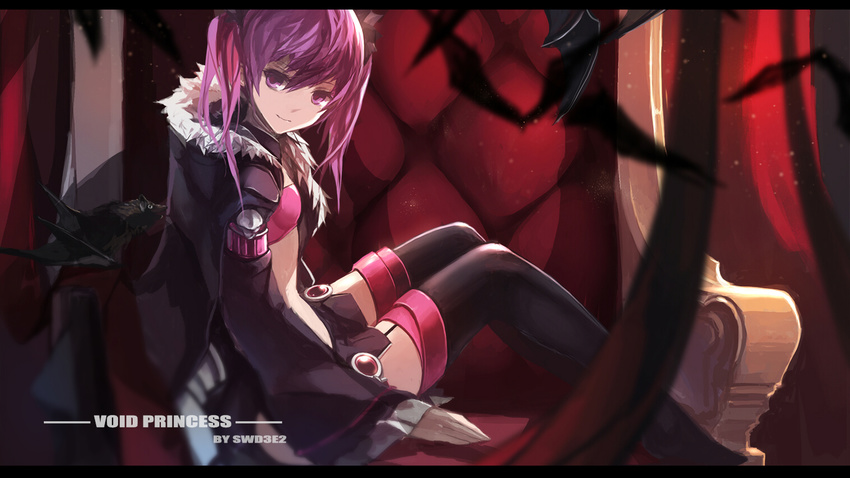 aisha_(elsword) armchair artist_name bad_id bad_pixiv_id bat black_legwear blurry chair character_name depth_of_field elsword from_side light_smile looking_at_viewer navel purple_eyes purple_hair sitting skirt smile solo strapless swd3e2 thighhighs throne tubetop twintails void_princess_(elsword) zettai_ryouiki
