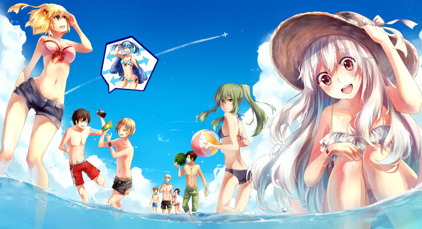 5girls amamiya_hibiya asahina_hiyori ball beachball bikini black_hair blonde_hair blue_hair brown_hair denim denim_shorts ene_(kagerou_project) food fruit green_hair hand_on_headwear hat headphones highres jacket kagerou_project kano_shuuya kido_tsubomi kisaragi_momo kisaragi_shintarou konoha_(kagerou_project) kozakura_marry long_hair male_swimwear multiple_boys multiple_girls navel no_shirt ocean open_clothes open_jacket ponytail red_eyes seto_kousuke shirtless short_hair shorts side_ponytail sun_hat swim_trunks swimsuit swimwear teka track_jacket twintails watermelon white_hair