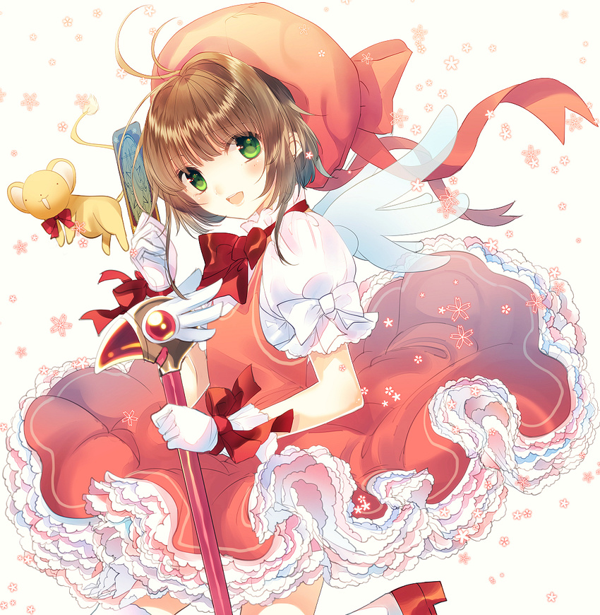 :d brown_hair card cardcaptor_sakura clow_card dress fuuin_no_tsue green_eyes hat io_enishi kero kinomoto_sakura magical_girl open_mouth pink_hat short_hair smile wand wings