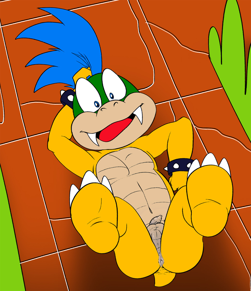 anus balls barefoot butt claws fangs hair happy hi_res jerseydevil koopa koopalings larry_koopa long_foreskin long_hair looking_at_viewer lying male mario_bros muscles navel nintendo nude on_back on_floor open_mouth pecs penis scalie sharp_teeth smile solo spikes teeth toe_claws tongue uncut video_games wristband