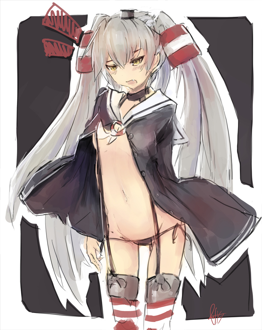 amatsukaze_(kantai_collection) black_panties brown_eyes highres kantai_collection long_hair open_clothes panties riftgarret silver_hair solo thighhighs two_side_up underwear very_long_hair