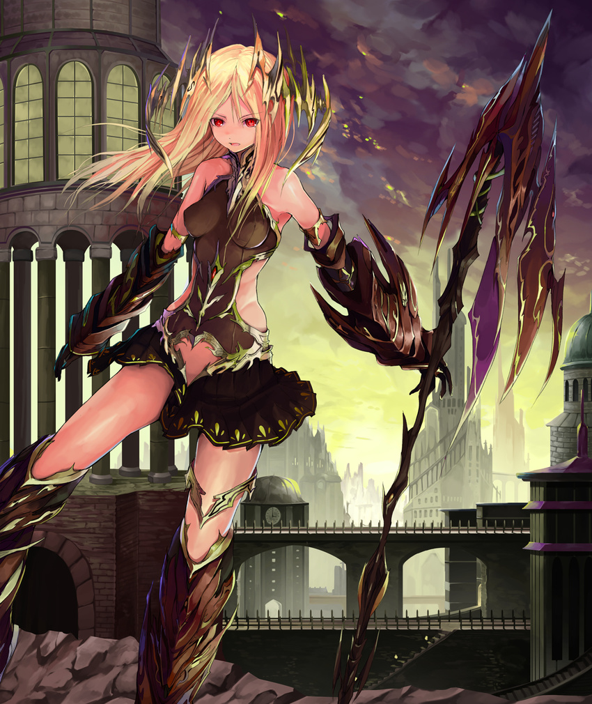 armor bad_id bad_pixiv_id blonde_hair building highres long_hair looking_at_viewer pixiv_fantasia pixiv_fantasia_fallen_kings polearm red_eyes revision skirt solo solru spear weapon