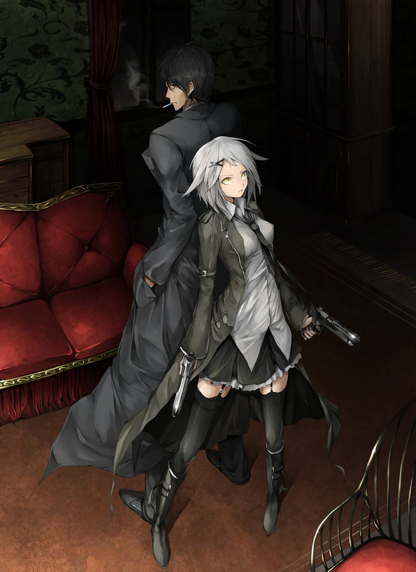 1girl arm_belt arms_at_sides back-to-back bad_id bad_pixiv_id bags_under_eyes between_breasts black_coat black_eyes black_footwear black_hair black_legwear black_neckwear black_pants black_skirt breasts carpet chest_of_drawers cigarette coat collared_shirt couch cupboard curtains door dress_shirt dual_wielding eyebrows_visible_through_hair finger_on_trigger floor fringe_trim from_above full_body garter_straps grey_hair gun hair_flaps hair_ornament hairclip hand_in_pocket handgun height_difference highres holding holding_gun holding_weapon indoors legs_apart long_sleeves looking_at_viewer medium_breasts miniskirt mouth_hold necktie necktie_between_breasts open_clothes open_coat original pants parted_lips petticoat profile revision shirt short_hair sideways_glance skirt smoke smoking solru standing thighhighs untucked_shirt wallpaper_(object) weapon white_hair white_shirt x_hair_ornament yellow_eyes