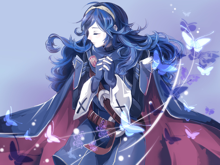 blue_hair bug butterfly cape closed_eyes fingerless_gloves fire_emblem fire_emblem:_kakusei gloves hachimaru_(ediciusa) insect long_hair lucina tiara