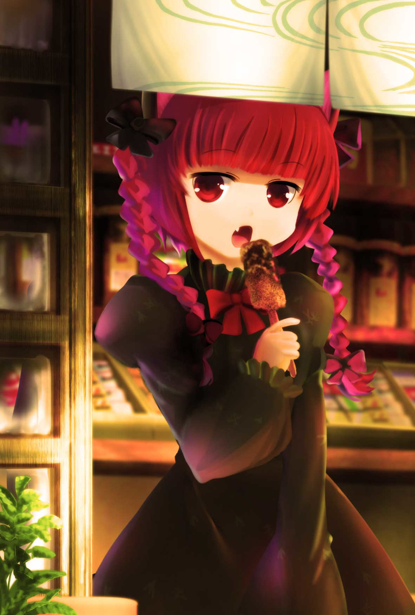 amazu_yoriiti animal_ears bow braid cat_ears dress eating fang hair_bow high_collar highres juliet_sleeves kaenbyou_rin long_sleeves looking_at_viewer open_mouth plant puffy_sleeves red_eyes red_hair short_hair solo storefront touhou twin_braids
