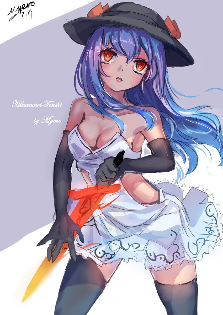 absurdres alternate_costume bare_shoulders black_gloves black_legwear blue_hair breasts cleavage collarbone dress elbow_gloves gloves hat highres hinanawi_tenshi long_hair looking_at_viewer myero no_bra red_eyes signature small_breasts solo strapless strapless_dress sword_of_hisou thighhighs touhou very_long_hair white_dress zettai_ryouiki