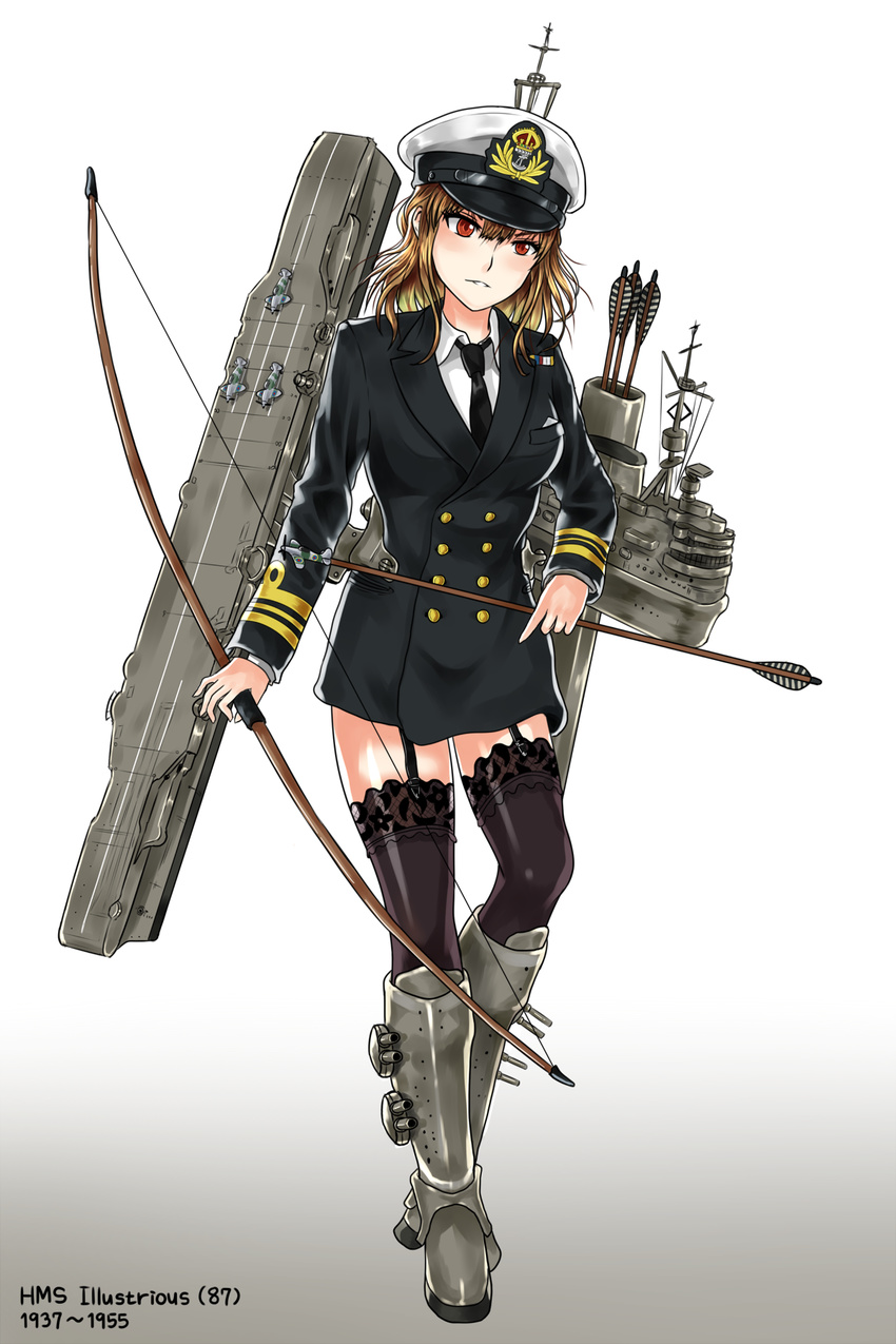 aircraft_carrier arrow bow_(weapon) double-breasted garter_straps hat highres hms_illustrious_(r87) kantai_collection mecha_musume military military_uniform military_vehicle no_pants original personification royal_navy ship solo specterz thighhighs uniform warship watercraft weapon