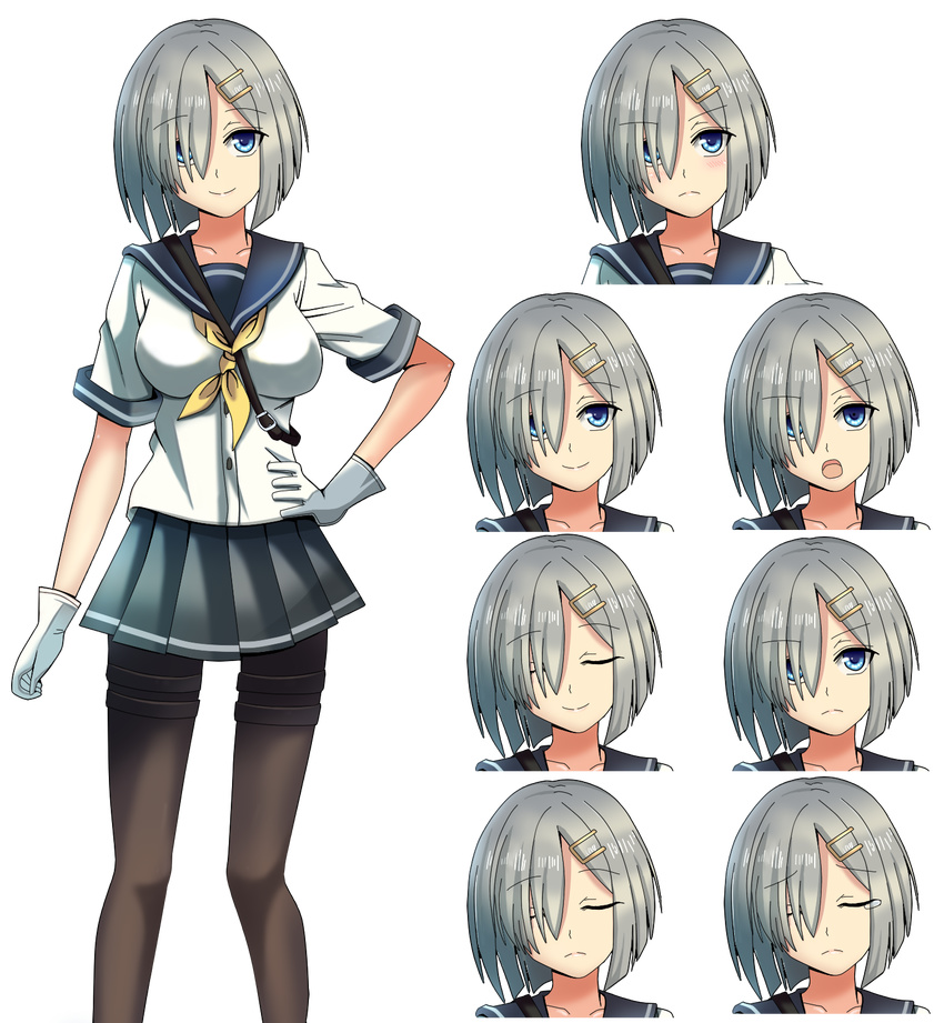 akidzuki black_legwear blue_eyes blush closed_eyes expressions gloves grey_skirt hair_ornament hair_over_one_eye hairclip hamakaze_(kantai_collection) hand_on_hip highres kantai_collection looking_at_viewer multiple_views neckerchief open_mouth pantyhose pleated_skirt sailor_collar school_uniform serafuku short_hair silver_hair skirt smile tears transparent_background white_gloves yellow_neckwear