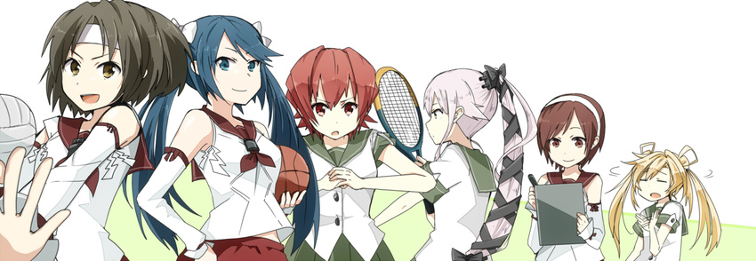 :d abukuma_(kantai_collection) annin_musou bad_id bad_pixiv_id bare_shoulders basketball black_ribbon blonde_hair blue_eyes blue_hair brown_eyes brown_hair closed_eyes commentary_request detached_sleeves double_bun fist_in_hand green_skirt hair_ribbon hairband hand_on_hip headband highres isuzu_(kantai_collection) kantai_collection kinu_(kantai_collection) long_hair multiple_girls nagara_(kantai_collection) natori_(kantai_collection) neckerchief notebook open_mouth outstretched_hand pink_hair pleated_skirt ponytail racket red_eyes red_hair red_skirt ribbon sailor_collar school_uniform serafuku short_hair skirt sleeves_rolled_up smile tennis_racket twintails v-shaped_eyebrows very_long_hair volleyball white_background white_hairband white_ribbon yura_(kantai_collection)