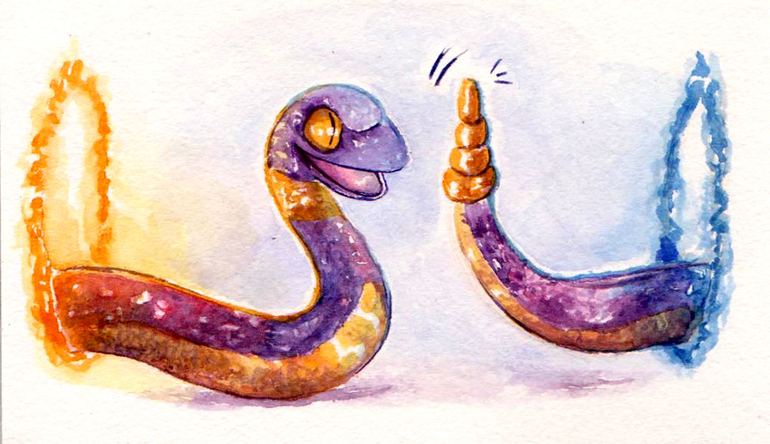 cute ekans happy nintendo open_mouth plain_background pok&#233;mon pok&eacute;mon portal rattlesnake reptile scalie smile snake solo spotty-servine tongue traditional_media video_games white_background yellow_eyes