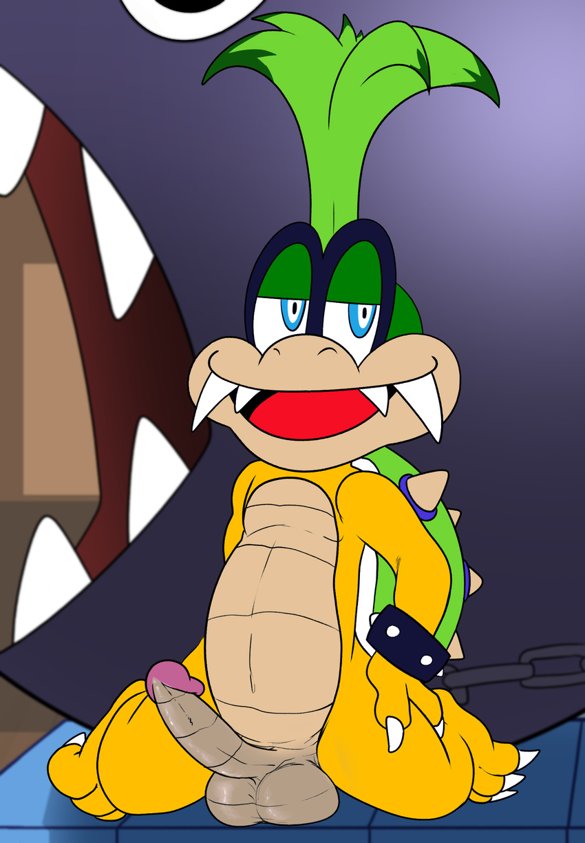 ambiguous_gender anthro balls barefoot chain_chomp chubby claws erection feral hair half-closed_eyes happy hi_res iggy_koopa jerseydevil koopa koopalings long_hair male mario_bros navel nintendo nude on_floor open_mouth penis scalie sharp_claws sharp_teeth shell sitting size_difference smile solo_focus spikes spread_legs spreading teeth toe_claws tongue video_games