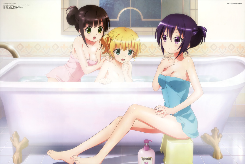 :d absurdres age_difference alternate_hairstyle aqua_eyes bangs barefoot bath bath_stool bathtub black_hair bloom bottle breast_envy breasts brown_hair censored claw_foot_bathtub cleavage clenched_hand convenient_censoring feet flat_chest gochuumon_wa_usagi_desu_ka? green_eyes hair_bun hair_up hand_on_another's_shoulder hand_on_own_chest hand_on_thigh highres indoors kirima_sharo legs long_legs looking_at_another looking_at_breasts magazine_scan megami multiple_girls naked_towel non-web_source nude official_art open_mouth orange_hair partially_submerged purple_eyes purple_hair scan shadow shared_bathing side_ponytail sidelocks sitting smile soap_bottle steam steam_censor stool tanaka_yuuichi tedeza_rize tile_floor tiles towel ujimatsu_chiya water wavy_mouth window