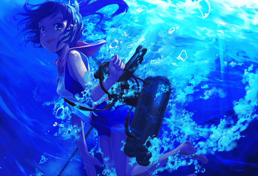 bubble diving highres i-401_(kantai_collection) kantai_collection looking_at_viewer machinery open_mouth school_uniform serafuku smile solo sorano_eika swimsuit swimsuit_under_clothes underwater