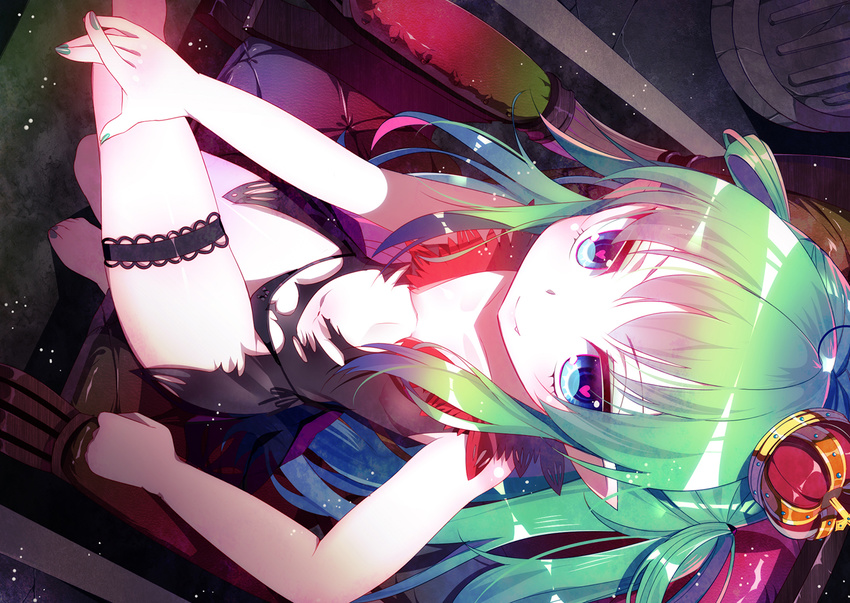 barefoot blue_eyes breasts crossed_legs crown fang green_hair heart heart-shaped_pupils md5_mismatch mvv nail_polish navel nipples original panties pointy_ears see-through sitting small_breasts solo symbol-shaped_pupils throne underwear