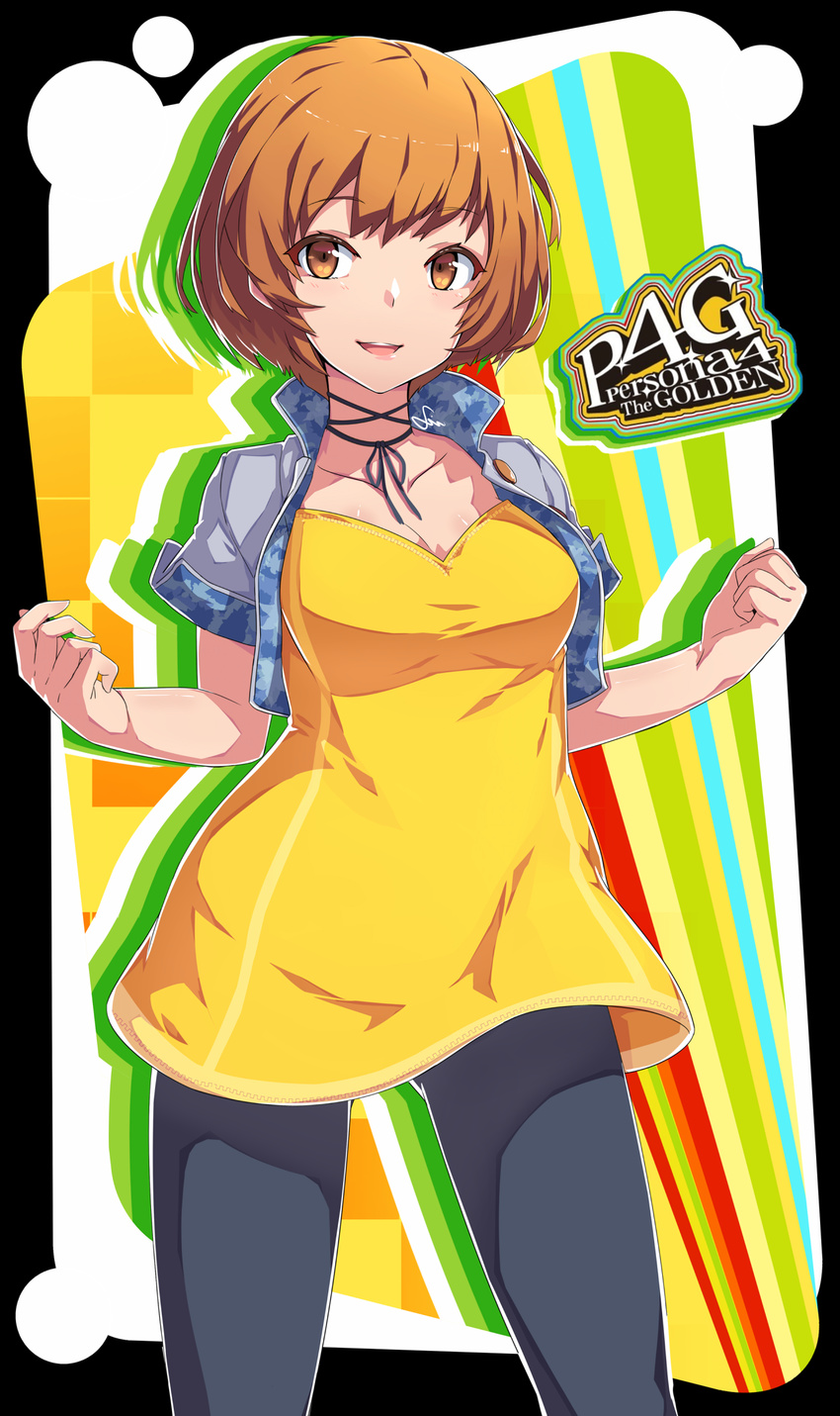 :d alternate_costume breasts brown_eyes brown_hair cleavage copyright_name cropped_jacket dev dress highres jacket medium_breasts no_eyewear open_clothes open_jacket open_mouth pantyhose persona persona_4 persona_4_the_golden ribbon satonaka_chie short_hair smile solo spandex