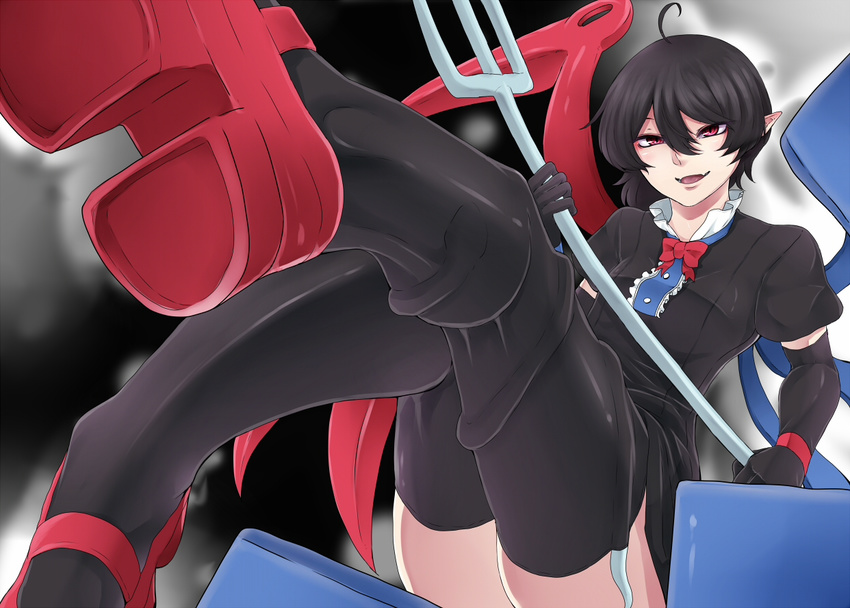animal animal_in_clothes asymmetrical_wings black_hair black_legwear commentary_request dress gloves houjuu_nue nicutoka pointy_ears polearm red_eyes short_hair smile snake thighhighs touhou weapon wings