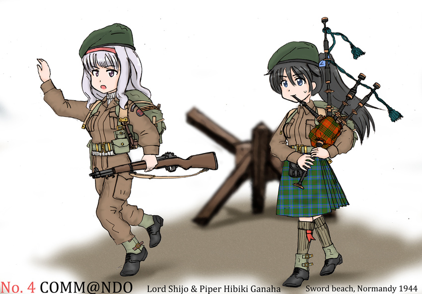 backpack bag bagpipes beret d-day ernest ganaha_hibiki gun hairband hat historical_event idolmaster idolmaster_(classic) instrument kilt m1_garand military military_uniform multiple_girls ponytail rifle shijou_takane turtleneck uniform weapon world_war_ii